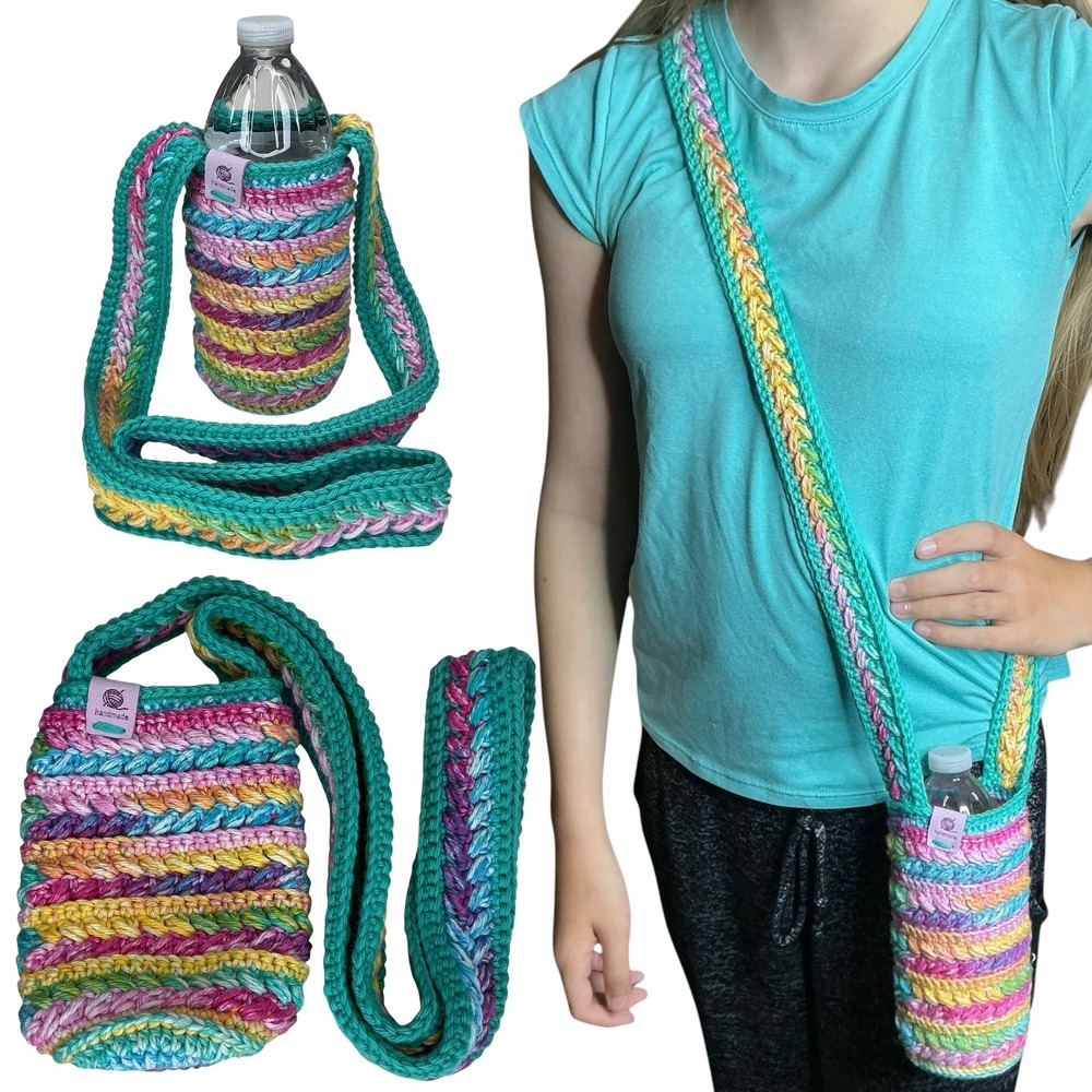 Handmade Multicolor Crochet Water Bottle Holder Bag Wheat Stitch Boho Crossbody